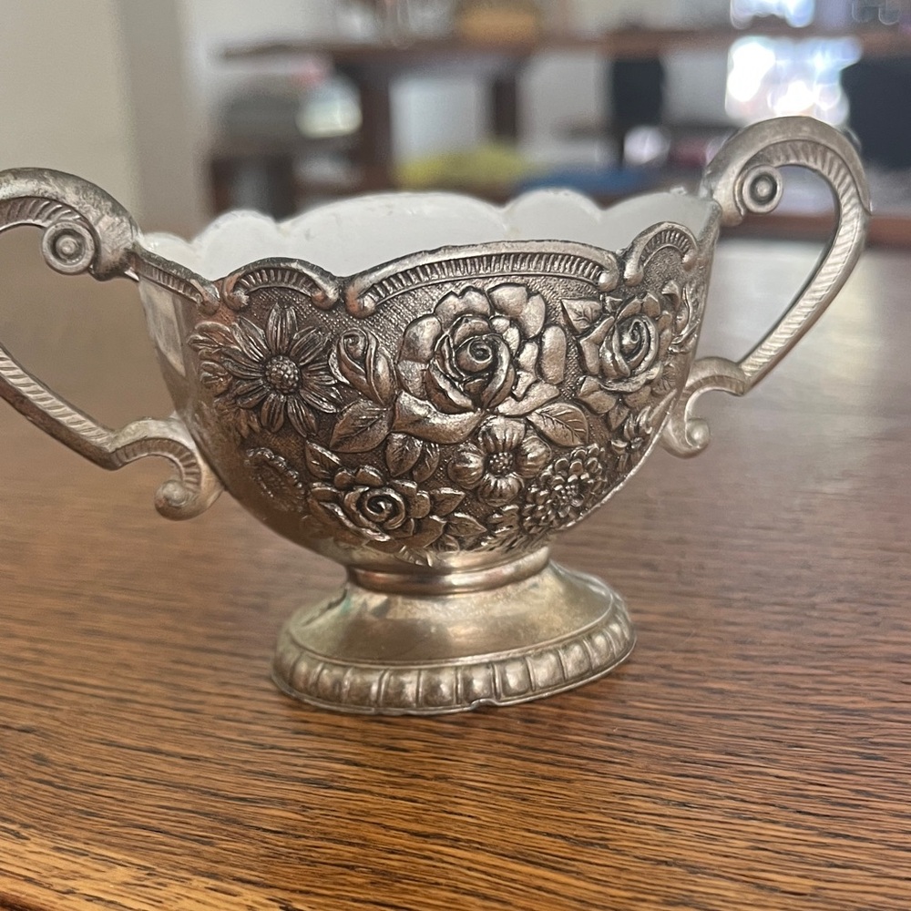 Vintage Silverplated over Enamel open Sugar Bowl Roses